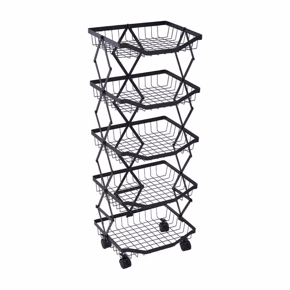 FORGEVIO Black 5 Tier Metal Kitchen Trolley Cart for Fruit and Vegetable Storage – 5