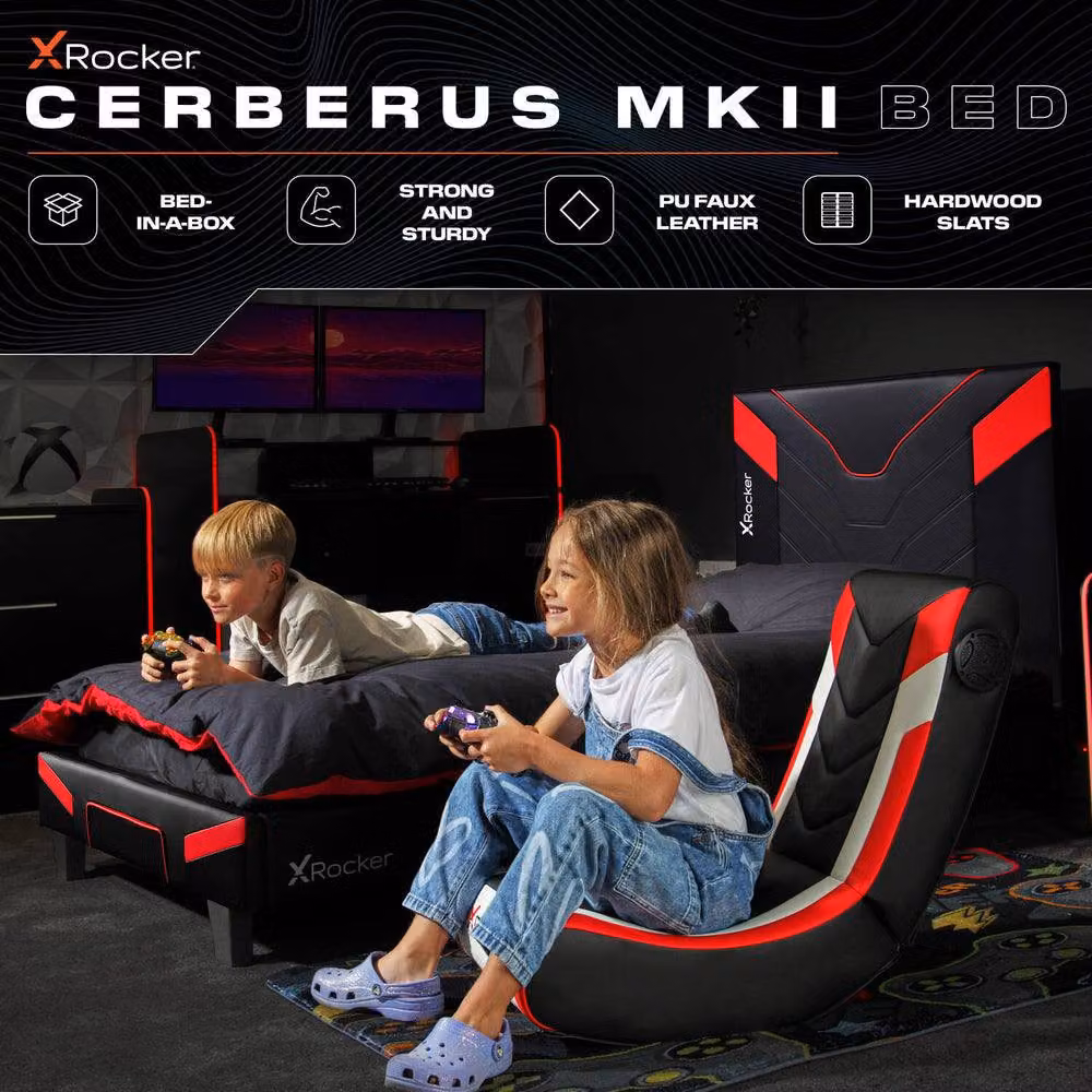 X Rocker Cerberus MKII Upholstered Gaming Bed Frame for Kids and Teens in Red or Blue, W/D/H: 90 x 190 cm – 2