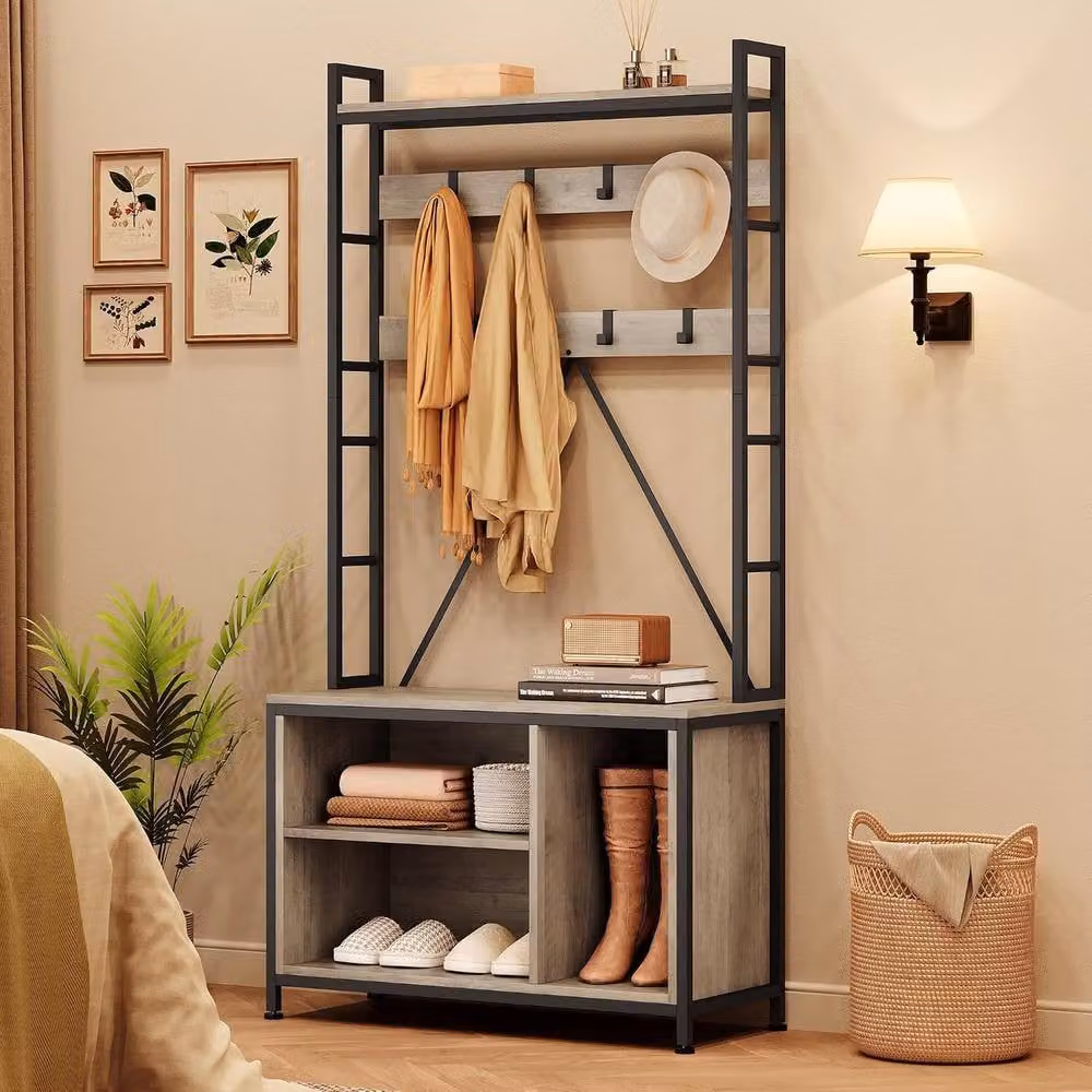 London Boutique 5-in-1 Hall Tree Shoe Bench and Entryway Organizer with 17 Hooks and Coat Rack in Grey – 5