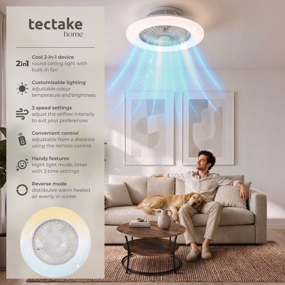 tectake Storm LED Ceiling Light with Fan in White, Dimmable with Remote Control and Night Light Function – 2