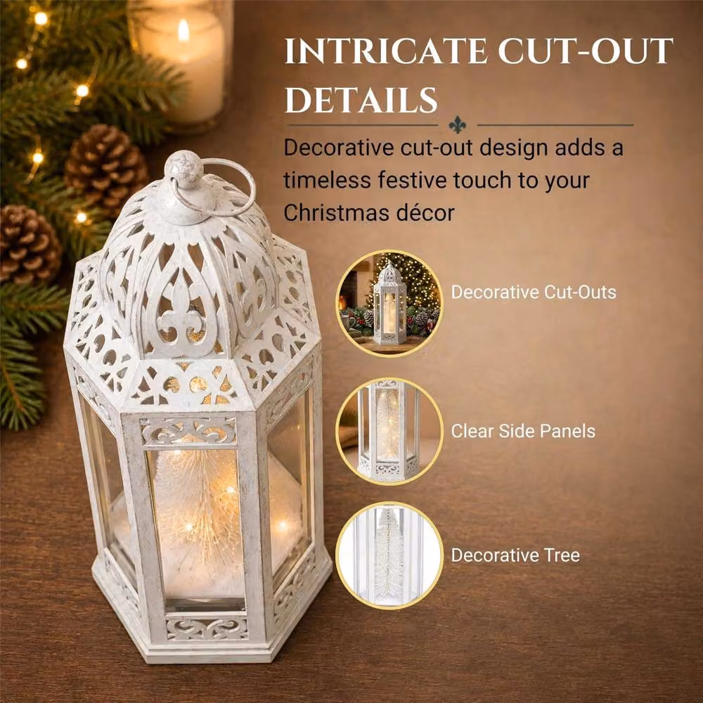 Shatchi White Hexagonal Vintage LED Christmas Tabletop Lantern, Height: 30 cm – 2