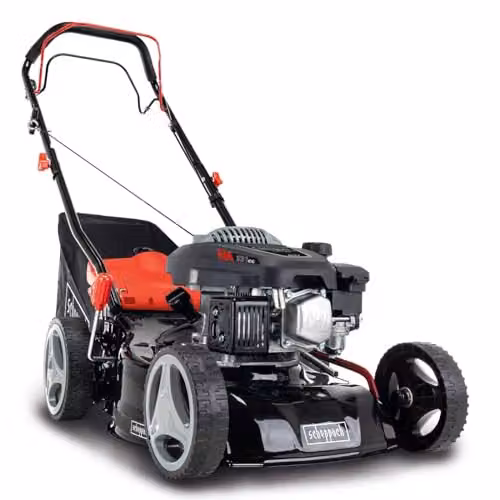 Scheppach MP132-42 Petrol Push Lawn Mower, 131cc 3.3HP 4-Stroke, 42cm Cut, Height: 25–75mm, 45L Grass Collector, Red and Black – 1