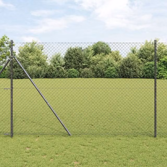 Berkfield Home Grey Galvanised Steel Chain Link Fence with 7 Posts, W: 10 m, H: 1.6 m – 1