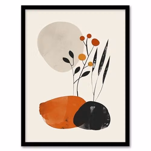 Artery8 Rocks and Wild Flowers Framed Wall Art Print, Multicolour Boho Japandi Style Botanical Artwork, W: 21 cm, H: 29.7 cm