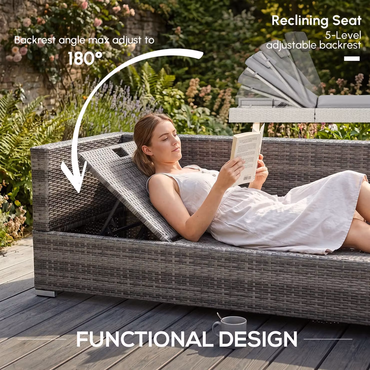 Outsunny 4-Seater Grey PE Rattan Garden Furniture Set with Upholstered Cushions and Coffee Table – 4