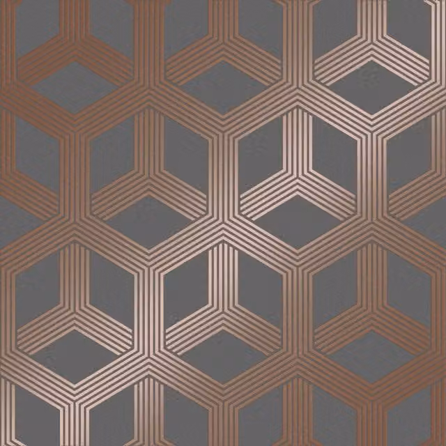 I Love Wallpaper Hexa Geometric Abstract Art Deco Wallpaper in Charcoal, Rose Gold and Grey