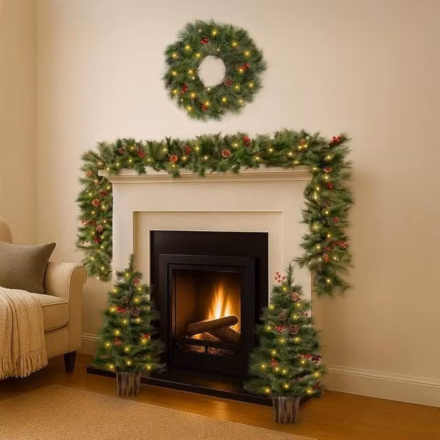 Marco Paul 4pc Pre Lit Pine and Red Berry Christmas Decoration Set in Green and Red – 1