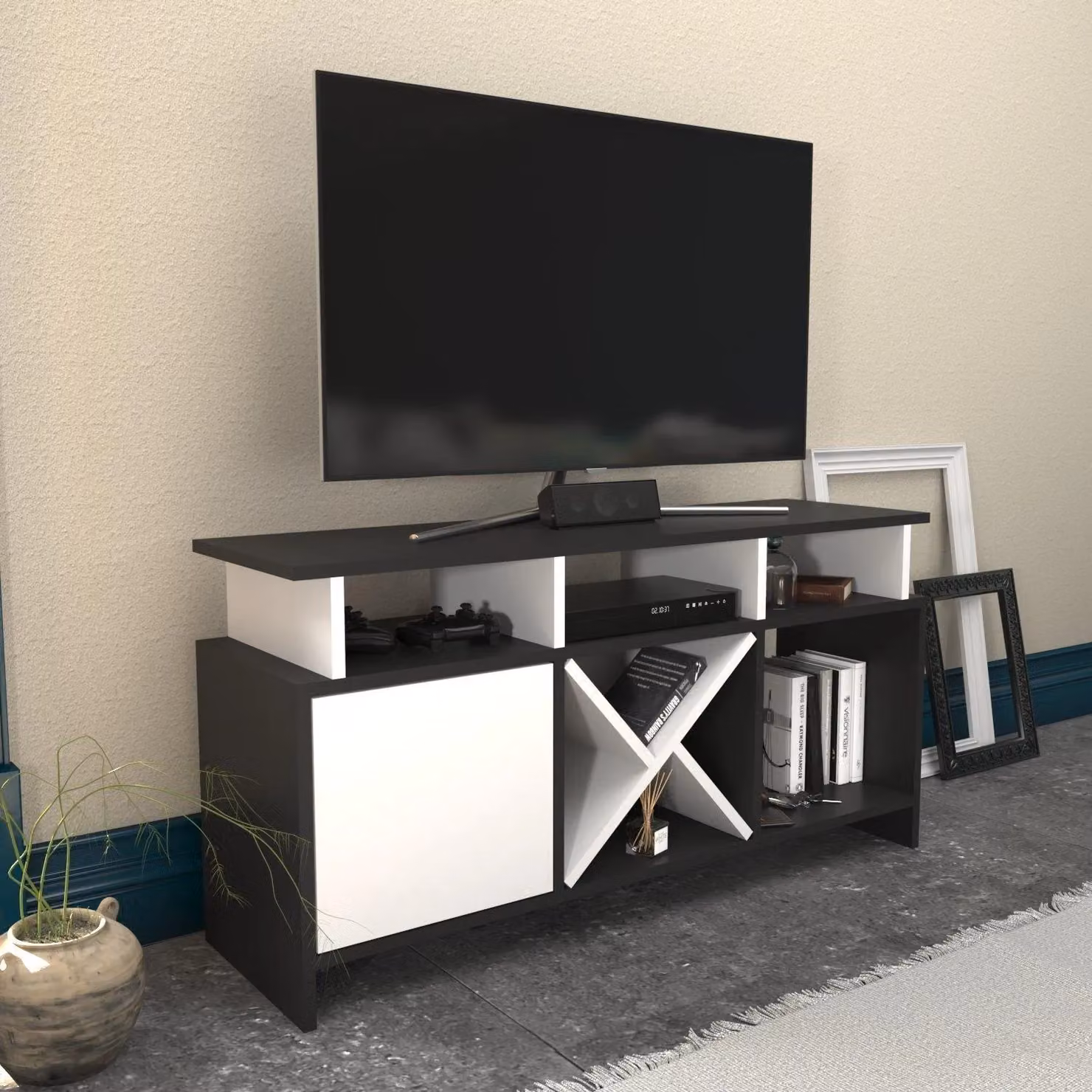 Decorotika Auburn Modern Geometric TV Unit in Anthracite and White – 2