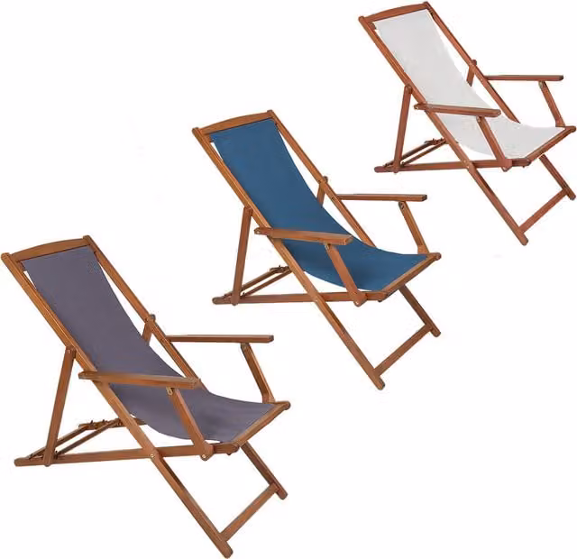 Charles Bentley FSC Eucalyptus Wood Folding Deck Chair with UV-Resistant Polyester Fabric and Armrests in Blue and Grey