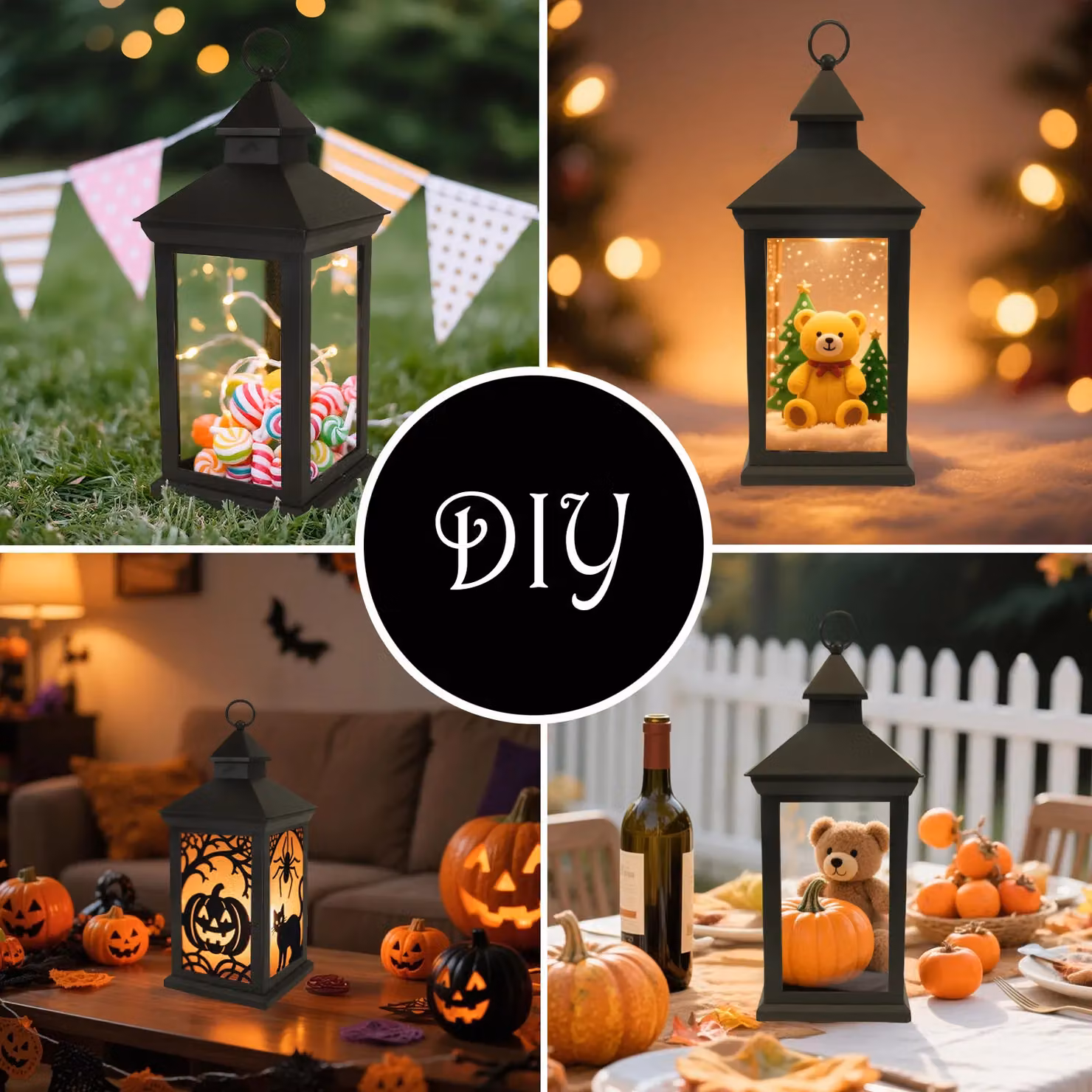 Bright Zeal Set of 2 Black Metal Decorative Pillar Candle Lanterns with Flicker Effect for Christmas Tabletop Decoration, Height: 35.56 cm – 6