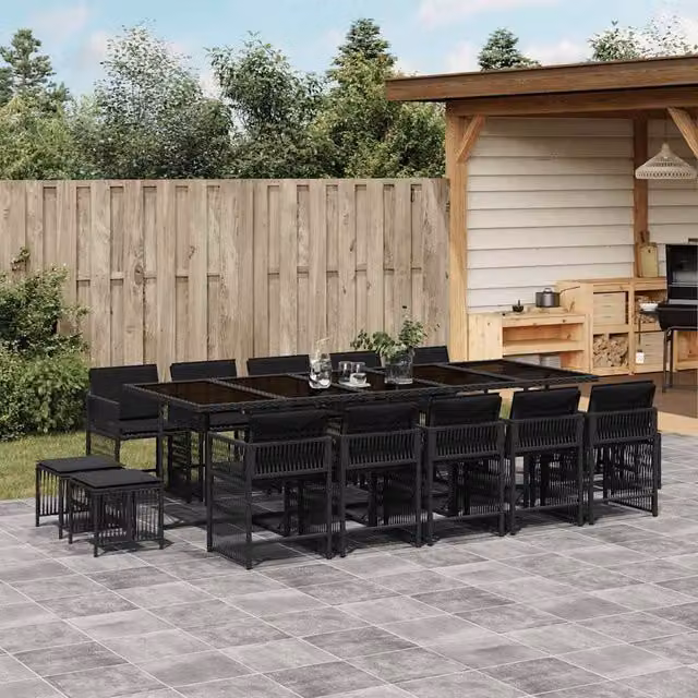 Berkfield Home 15 Piece Garden Dining Set with Black Poly Rattan and Cushions