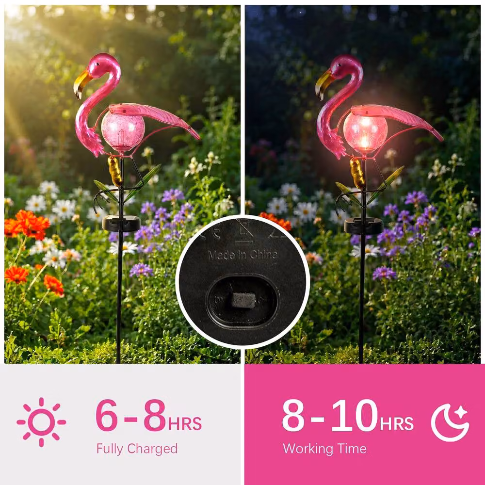 Bright Zeal Pink Solar Metal Flamingo Garden Stake Light with Dusk Sensor – 3