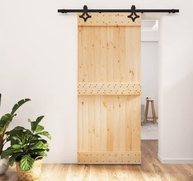 Berkfield Home Rustic Solid Wood Pine Sliding Door with Hardware Set, Brown, W: 90 cm, H: 210 cm