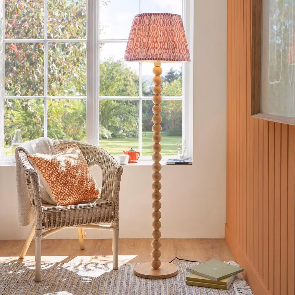 Netlighting Brown Cane Bamboo Floor Lamp with Pink Fabric Ripple Shade, 40 cm, E27 – 2