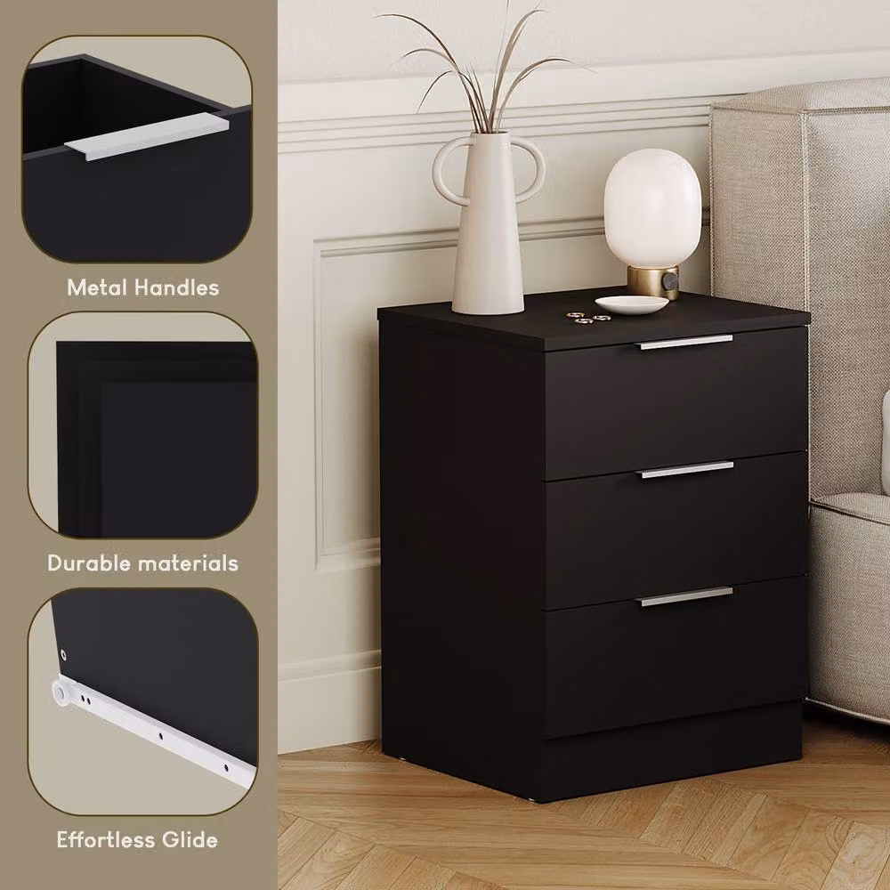 Vida Designs Trega 3 Drawer Bedside Chest Table Set of 2, Black – 5