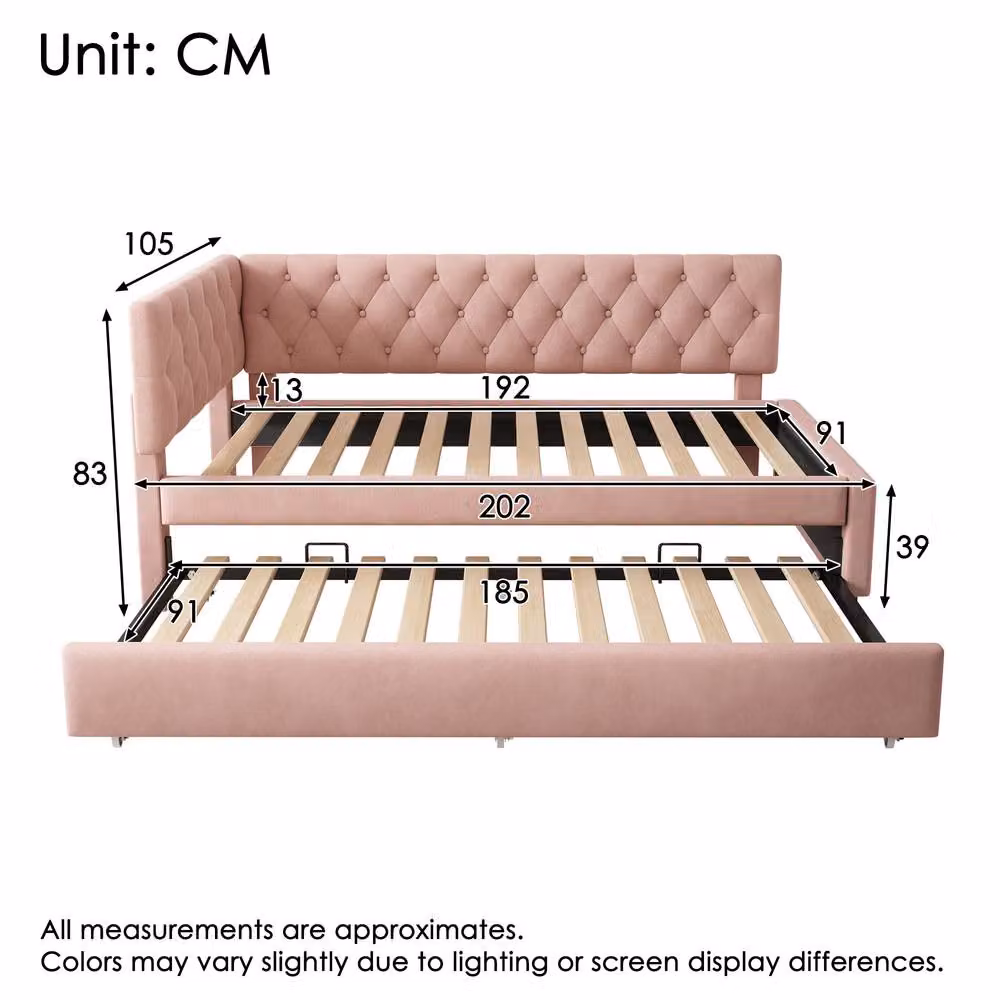 ModernLuxe Pink Velvet Upholstered Single Daybed with Pull Out Trundle Bed, W/D/H: 190 x 90 x 105 cm – 2