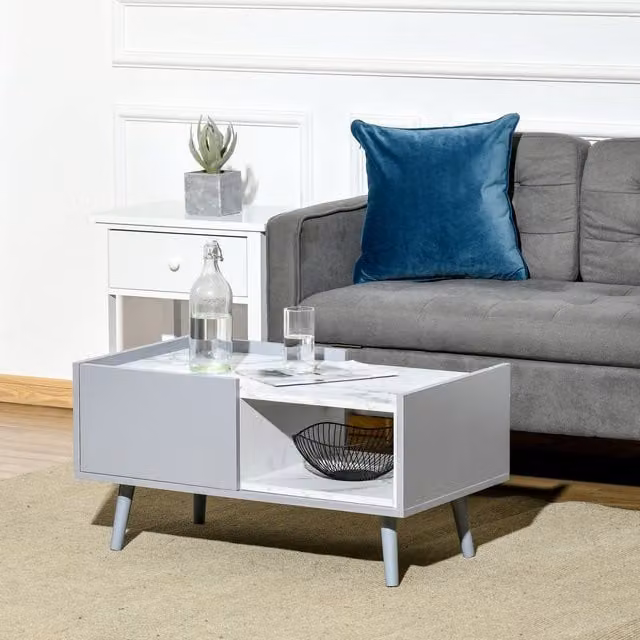 HOMCOM Modern Rectangular Coffee Table with Grey and White Marble Texture