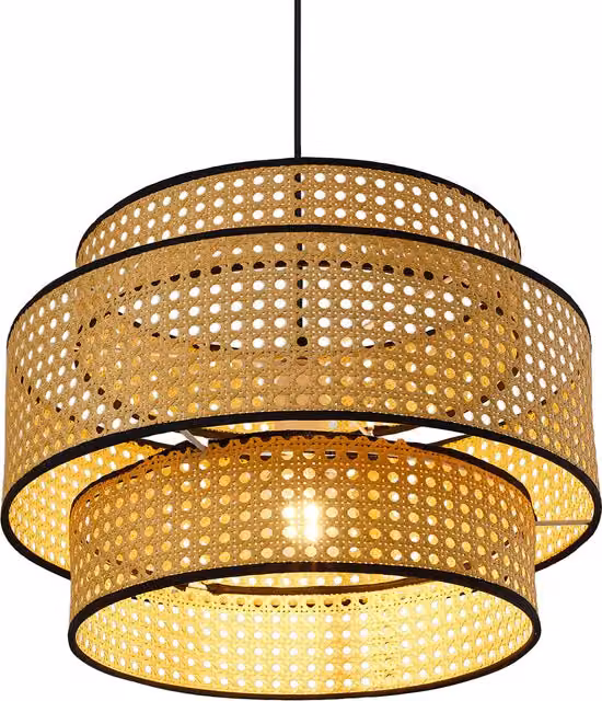 Living Star Cylinder Rattan and Wood Suspended Pendant Light in Brown and Beige