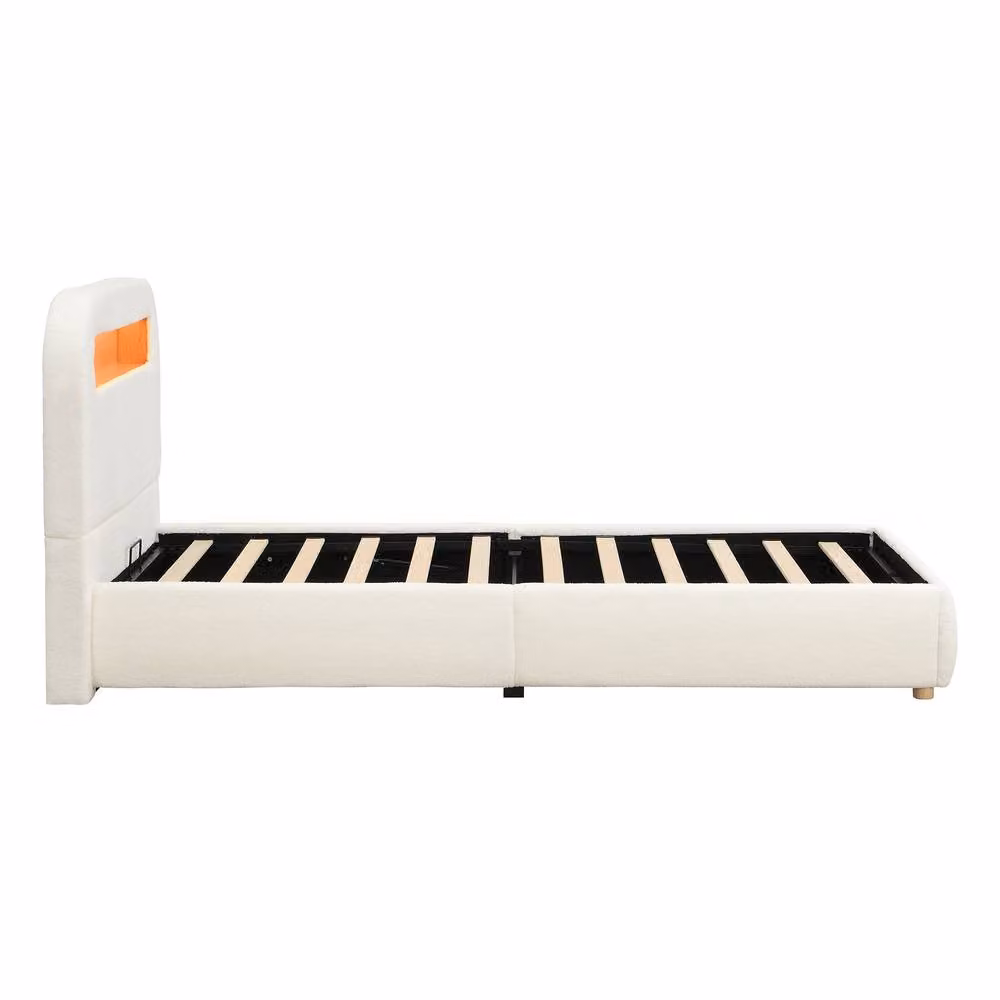 ModernLuxe Single Kids Ottoman Bed with LED Under-Bed Lighting and Headboard in White Bouclé Fabric, W/D/H: 90 x 190 cm – 3