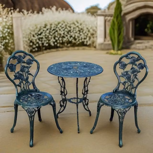 FURNOS Set of 3 Cast Iron Rose Floral Bistro Table and Chairs in Antique Green – 1