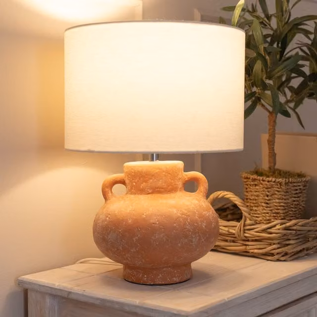 Theo Terracotta Ceramic Table Lamp with Orange Linen Drum Shade and LED Bulb