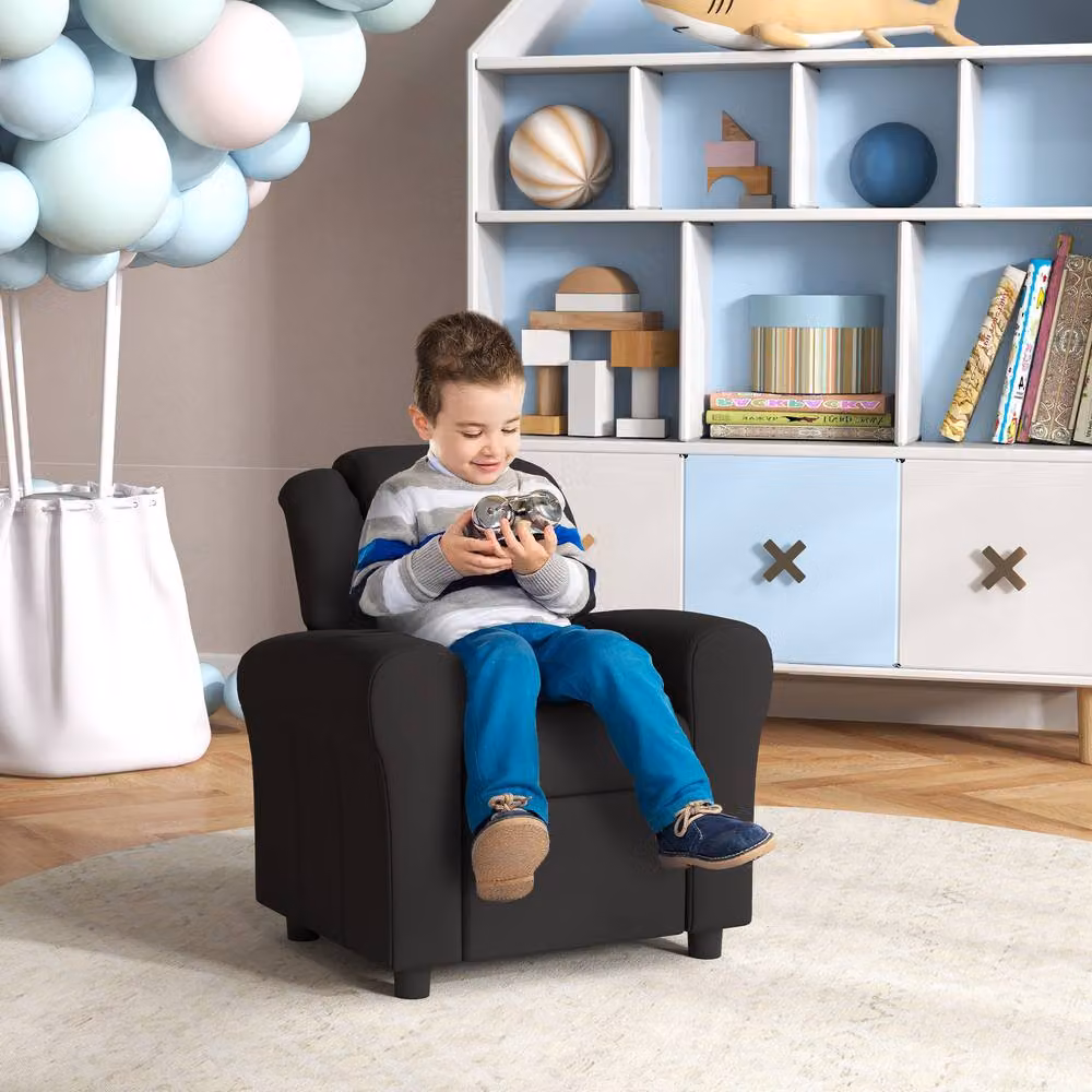 STILVORA Children's Recliner Chair with Integrated Ottoman in Black Synthetic Leather – 2