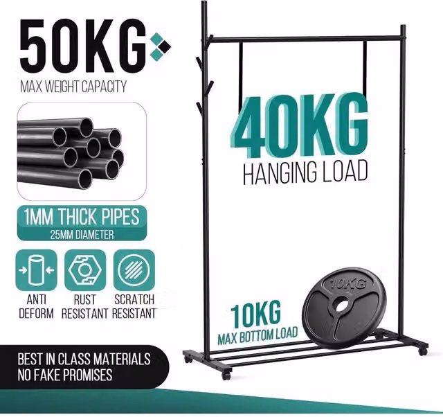 PAWNORA Matt Black Metal Clothes Rail with Wheels – 1