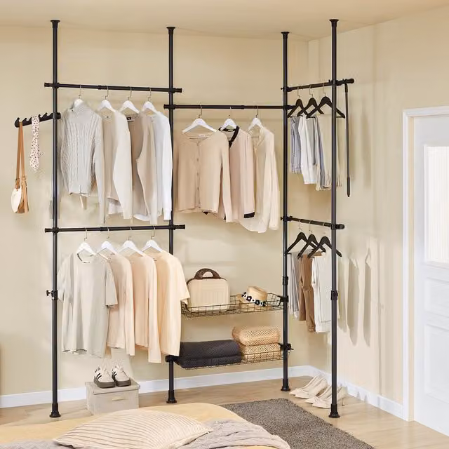 SoBuy Modern Matt Black Metal Telescopic Clothes Rail with Shelves