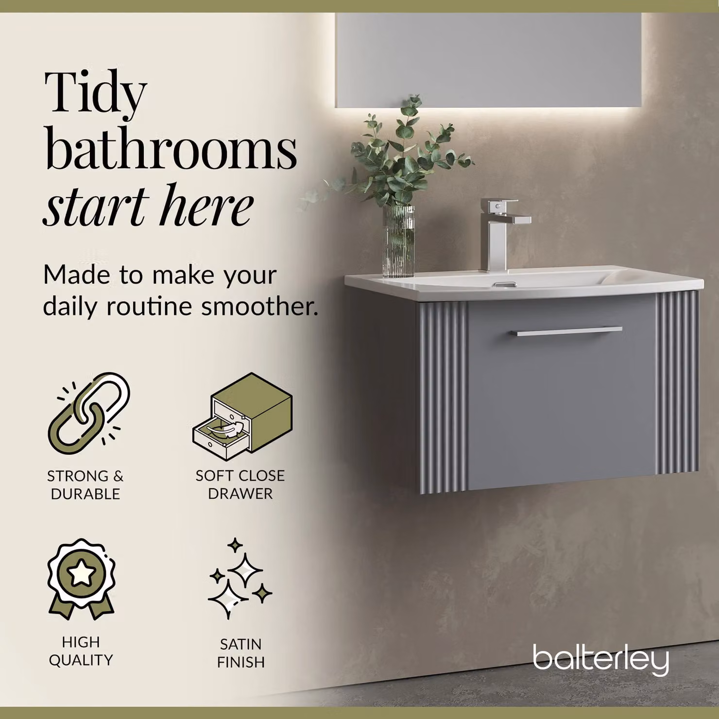 Balterley Wall Hung 1 Drawer Vanity Unit with Curved Basin, Satin Grey, W: 60 cm – 2