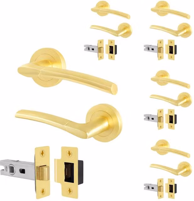 AFIT Gold Brass Door Handle Rosette Set with Latch, 5 Pairs, Rosette Diameter: 100 mm