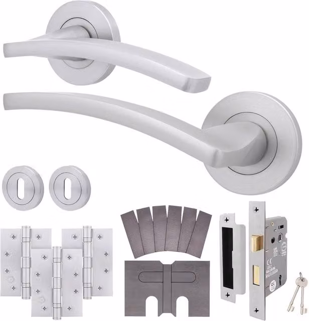 AFIT Satin Chrome Fire Door Handle Key Lock Set with Internal Lock and Hinges in Silver, Hinge Size: 150 x 150 mm