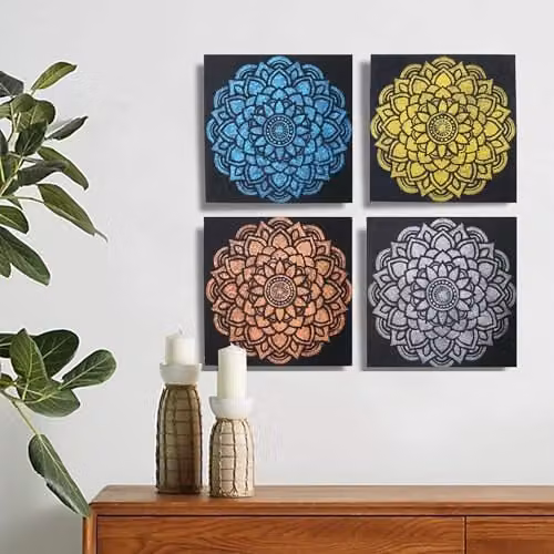 KDMD Set of 4 Abstract Mandala Brocade Detail Canvas Paintings, Multicolour, W: 30 cm x H: 30 cm – 2