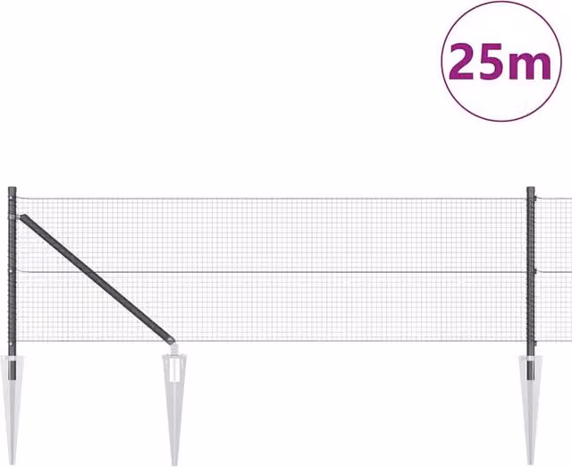 vidaXL Mesh Fence Post Set of 2 in Grey and Black Metal and Plastic, Length: 25 m