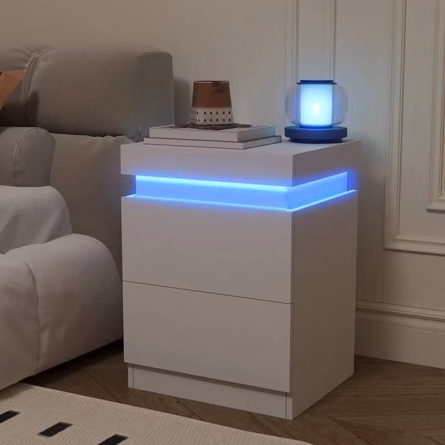 EONLION White Bedside Table with RGB LED Integrated Lighting and 2 Drawers, Width: 100 cm – 1