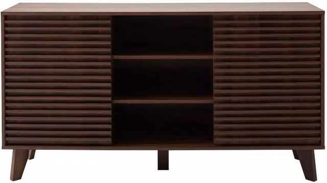 CALICOSY FRIBOURG Sideboard with 2 Sliding Doors and Grooved Wood Effect Fronts in Dark Brown, Width: 140 cm – 1