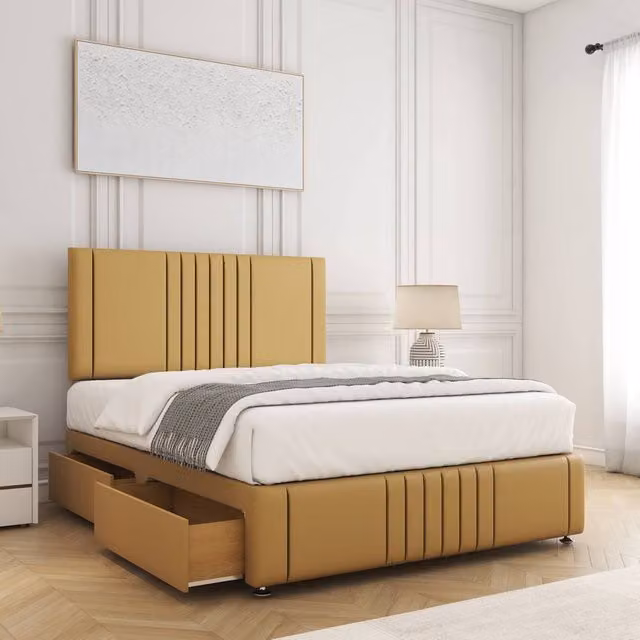 BSSPOKE Hazel Divan Bed with 24 inch Headboard and 2 Drawers in Mustard Yellow Plush Velvet, King Size W/D/H: 180 x 200 cm