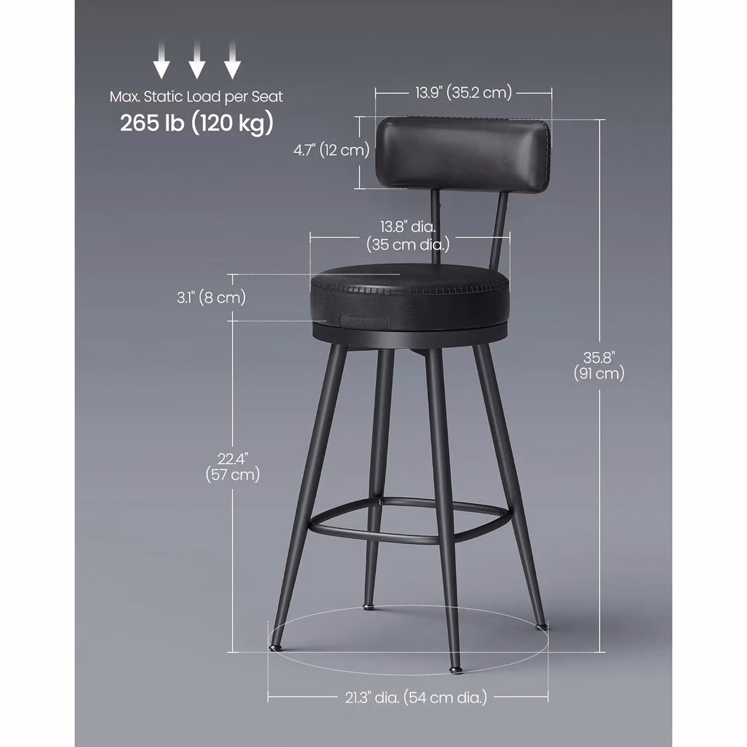 VASAGLE Set of 2 Modern 360 Swivel Bar Stools with Backrests in Black Synthetic Leather and Metal – 2