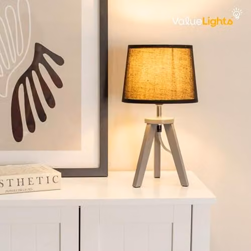 ValueLights Jackson Pair of Scandinavian Wooden Tripod Table Lamps with Fabric Shades in Brown and Sand, H: 32 cm, W: 18 cm, D: 18 cm – 2