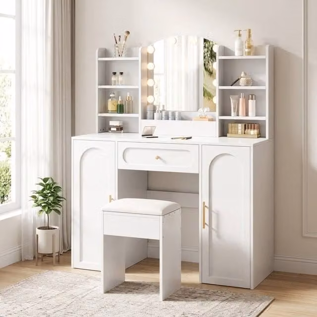 STILVORA Modern White Dressing Table with LED Mirror, Stool and Storage – 1