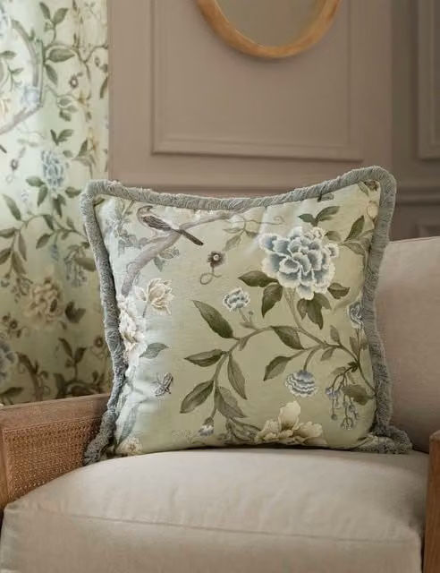 Sanderson Porcelain Green Mix Floral Chenille Square Garden Cushion