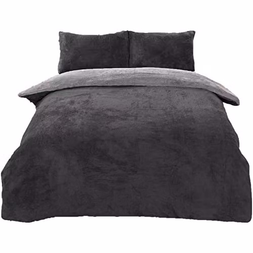 Brentfords Reversible Teddy Fleece Duvet Cover and Pillowcase Set in Anthracite and Silver Grey, W/D/H: 240 x 220 cm – 1