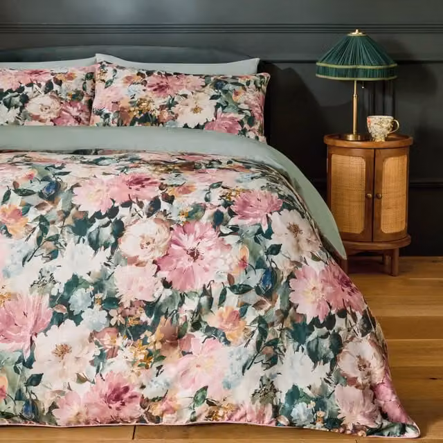 Clarke & Clarke Tahiti Floral Mako Satin Cotton Duvet Cover Bedding Set in Green and Multicolour
