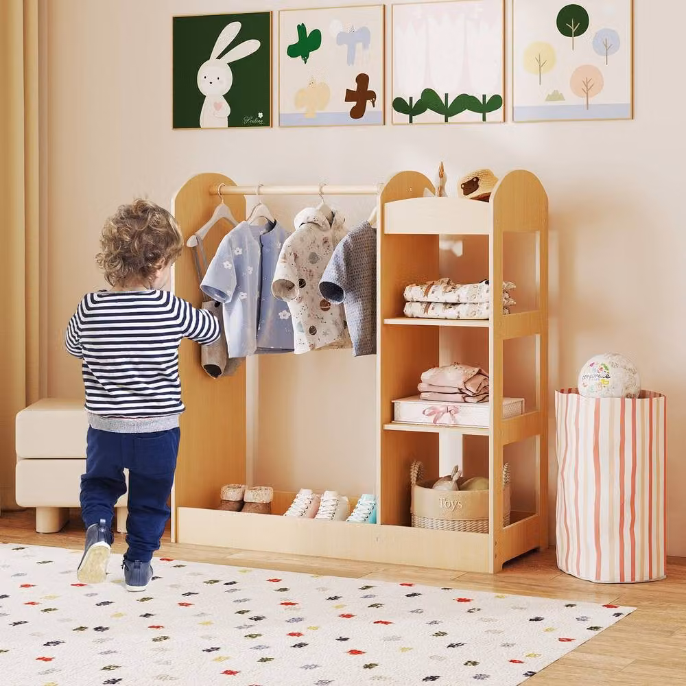 Gymax Childrens Pretend Play Storage Closet Armoire with Mirror in Light Khaki – 2