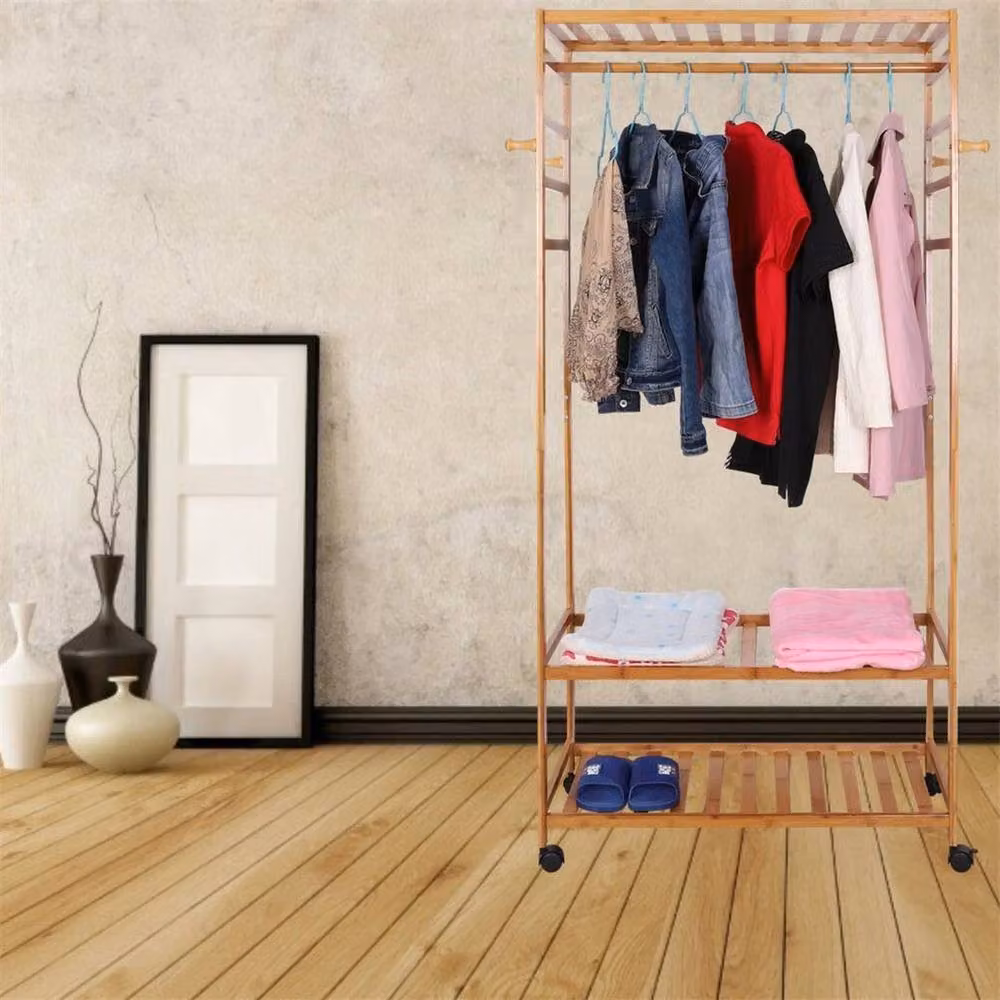 Kelvenix Wooden Rolling Clothes Rail in Brown with Retro Bamboo Design – 3