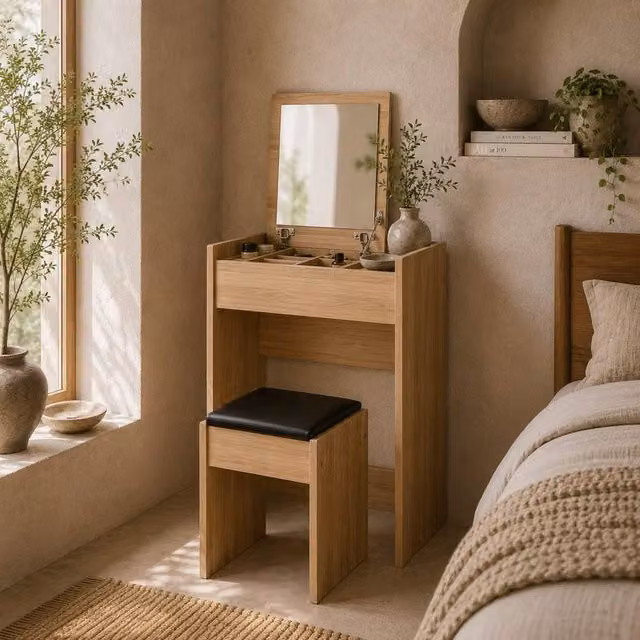 Wyld Haus Nolena Wood Effect Vanity Desk with Flip Mirror Storage and Cushioned Stool in Light Oak, W: 79.0 cm, D: 40.2 cm, H: 60.2 cm