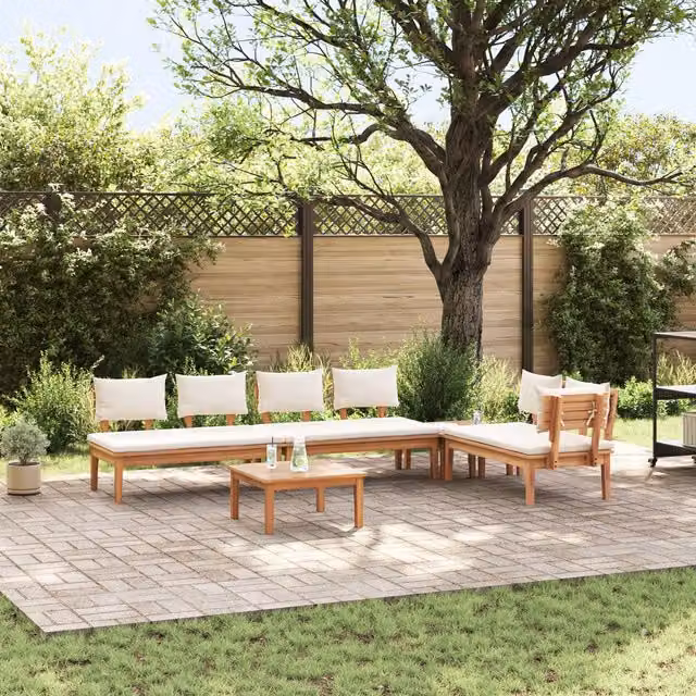 Berkfield Home 5 Piece L-Shape Garden Dining Set with Cushions in Brown Solid Teak Wood