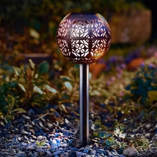 mysmartbuy Set of 3 Solar Powered Orb-Shaped Filigree Garden Stake Lights in Bronze with Cool White LED, H40cm