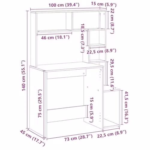 vidaXL Modern Writing Desk with Shelves in Brown Oak, W/D/H: 100 x 45 x 140 cm – 2