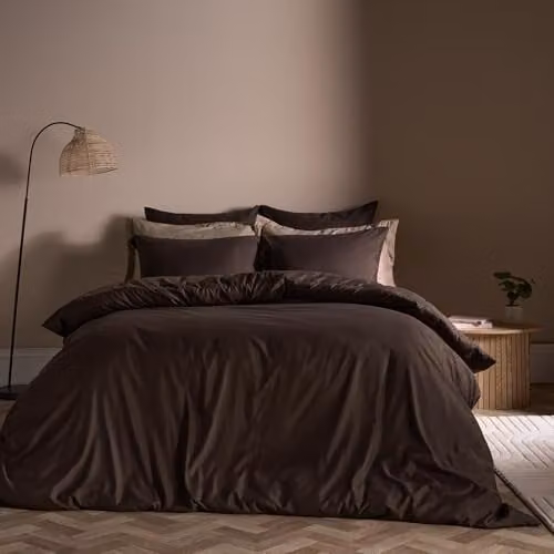 OHS Plain Brown Microfibre Polyester Duvet Cover and Pillowcase Set, W/D/H: 140 x 200 cm and 50 x 75 cm