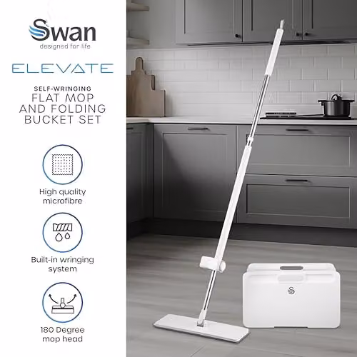 Swan Elevate Self-Wringing Flat Mop and Space Saving Folding Bucket Set with Microfibre Pad, White SWFC2012WHTN – 2